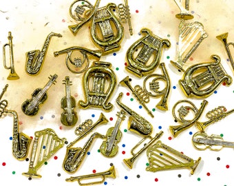 VINTAGE: 28pcs - Gold Metallic Mini Plastic Instruments - Holiday Crafts, Ornaments, Corsage, Picks, Stems