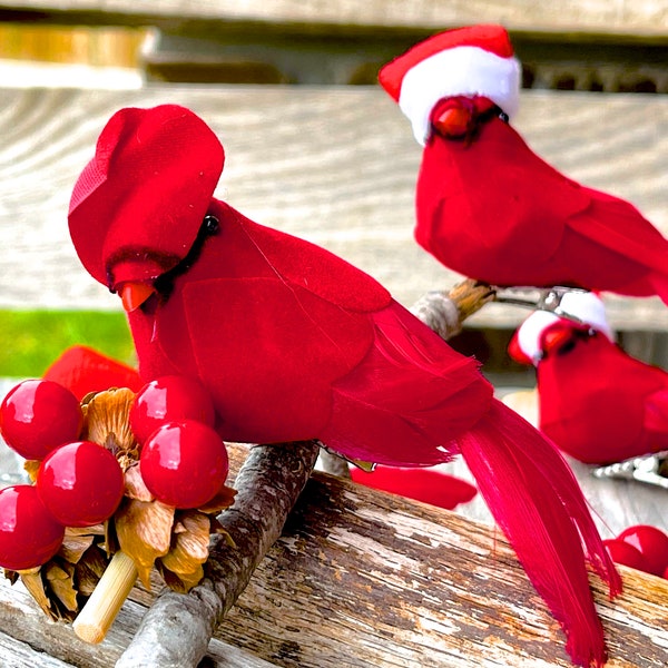 VINTAGE: 6pc Handmade Bird Clip Ornaments in Box - Red Birds - Bird Ornament - SKU 2223-D-00013236