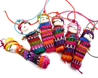 VINTAGE: 1980s - 5pc Native Guatemalan Worry Doll Ornaments - Feather Tree - Handmade Dolls - Buy More Save More - SKU OS-172