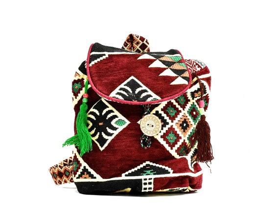 Bohemian Backpack Ethnic Turkish Red Green White Tapestry Shoulder Bag Tassels Ukrainian Tapestry Embroidered Canvas Backpak, Folk Tapestry  main image 4
