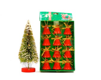 VINTAGE: 12 Metal Bell Ornaments in Box - Crafts - Gold Bow Bells - Feather Tree - SKU 25-B-000066697