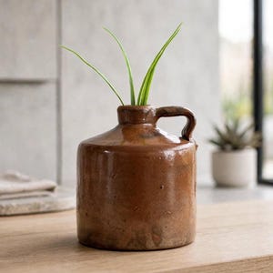 May include: A brown ceramic jug with a cylindrical body, a short neck, and a single side handle. The surface has a glossy, mottled finish with subtle texture. A few thin, bright green blades of grass are placed inside the narrow opening.