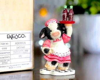 VINTAGE: 1990s - Enesco Mary's Moo Moos Figurine in Box - Coca Cola "Your Worth Waiting For" - Collectors Item - NIB - SKU 35-E-00035415