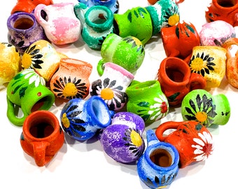 VINTAGE: 10pcs - Mexican Terra Cotta Mini Colorful Mugs - Ornaments - Pendants - Crafts - Handmade - SKU 14-A3-00033178