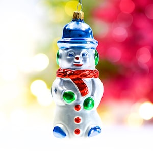 VINTAGE: Frosted Snowman Glass Ornament - Blown Figural Glass Ornament - Mercury Ornament - Made in Colombia - SKU 30-402-00011359