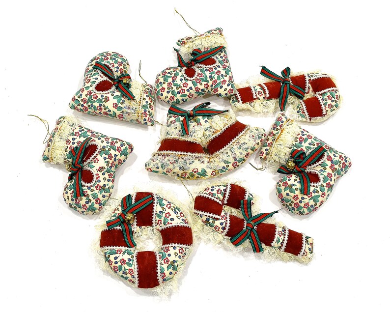 VINTAGE: 8 Mixed Fabric Ornaments Pillow Ornaments Christmas Holidays Gift Handmade SKU Tub-393-00017667 image 3