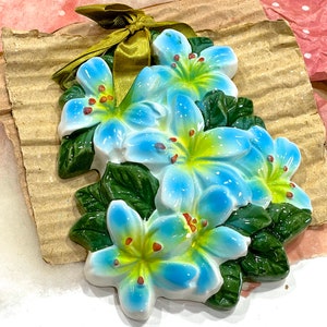 VINTAGE: 1970s Porcelain Flower - Wall Hanging Ornament Home Decor Wall Decor - Bouquet Blue Flowers Gift Idea