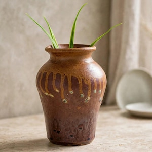 May include: A brown ceramic vase with a flared rim and a textured surface. The upper portion features a decorative drip glaze pattern in a lighter tan hue, while the lower body displays a darker brown finish with subtle dark speckling throughout.
