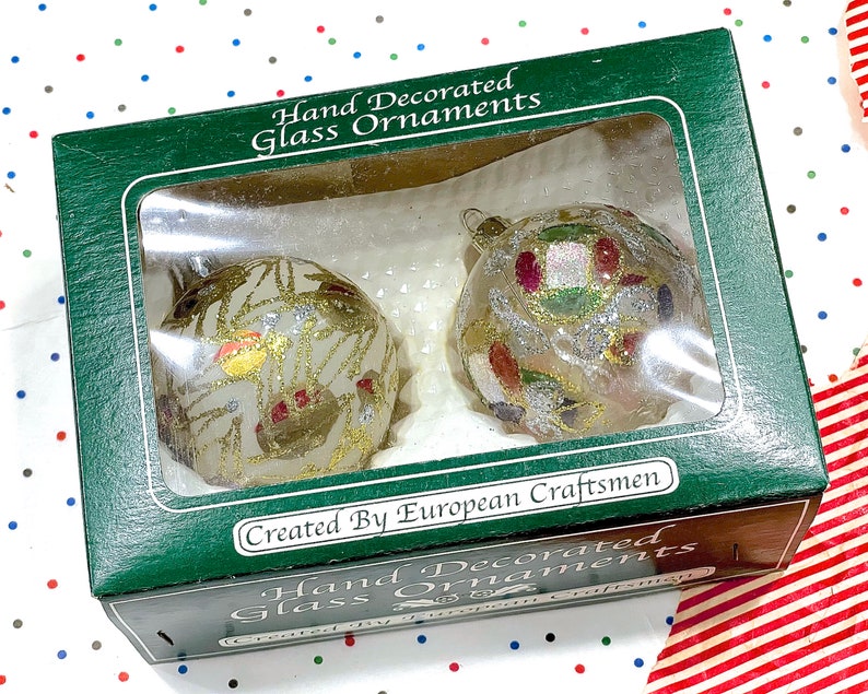 VINTAGE: 2 stuks Europese handgeblazen glazen ornamenten in doos Kerstdecor Ornament Vakantie afbeelding 2