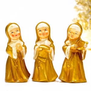 VINTAGE: Japan - 3 Collectable Ardco Nun Figurines - Nun Singing - Nun Playing Harp - Religion - Catholic - Holiday - SKU 23-C-00012320