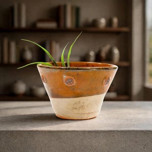 May include: A conical ceramic planter featuring a two-tone glaze with a warm amber-orange upper section and a cream-colored base. The exterior is decorated with small, circular embossed stamps, and the vessel contains thin green plant leaves.