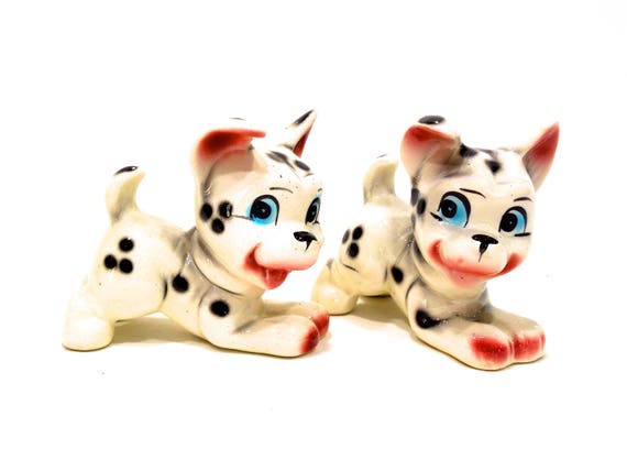 ヴィンテージセラミック製ダルメシアンの子犬の置物 - 手描きセット