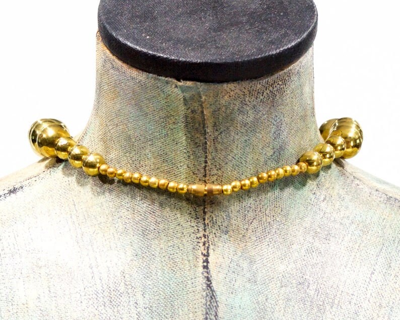 Deadstock VINTAGE: 1970's Chunky Hollow Brass Necklace Boho, Gipsy, Hippie, India Unused SKU 31-D image 3