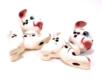 ヴィンテージセラミック製ダルメシアンの子犬の置物 - 手描きセット