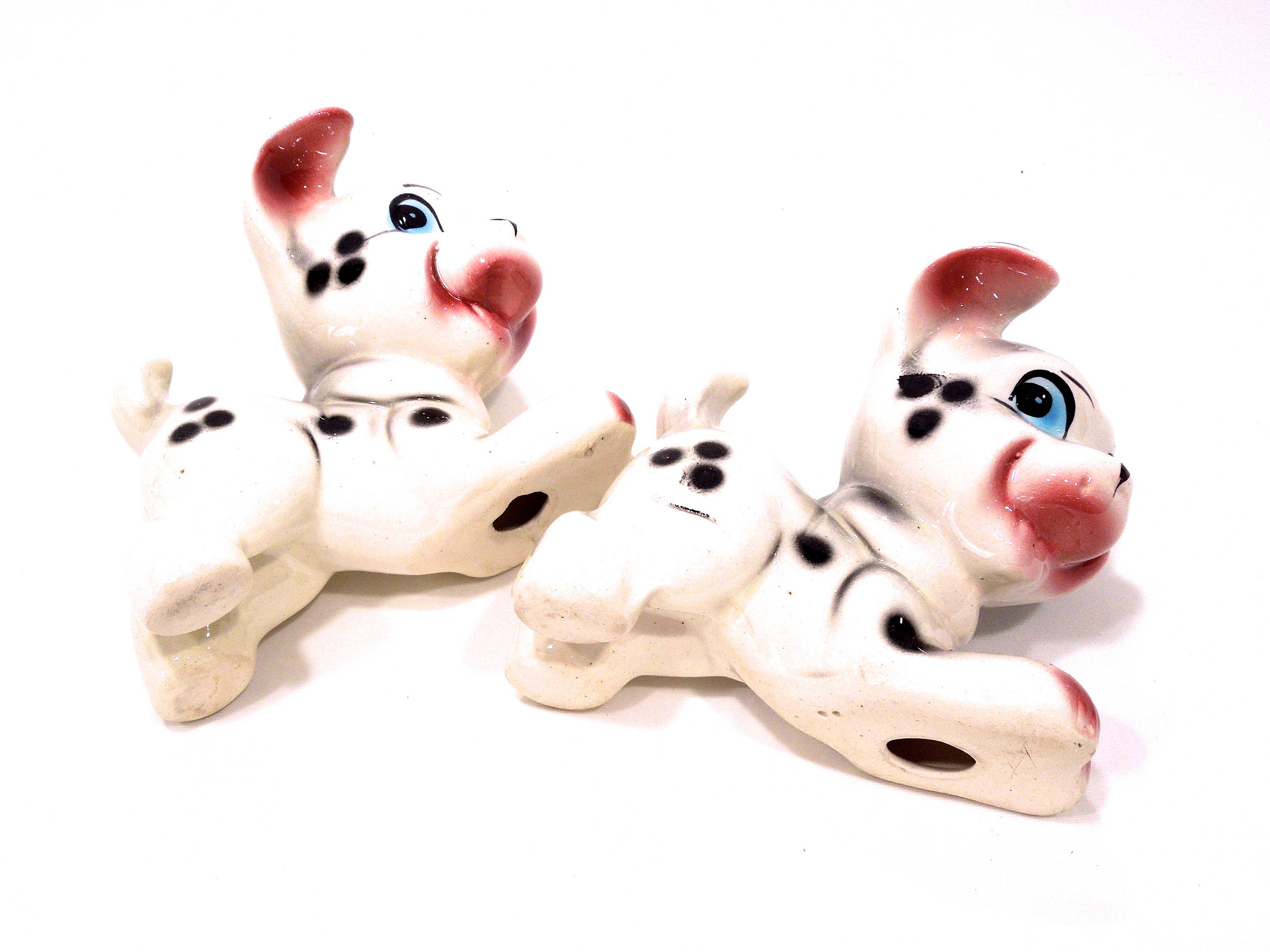 ヴィンテージセラミック製ダルメシアンの子犬の置物 - 手描きセット