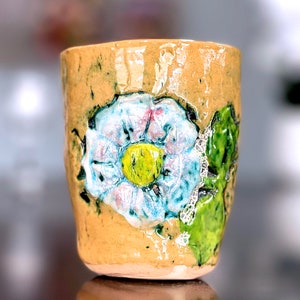 VINTAGE: Studio Pottery Blue Flower Cup Small Planter Ceramic Handcrafted image 2