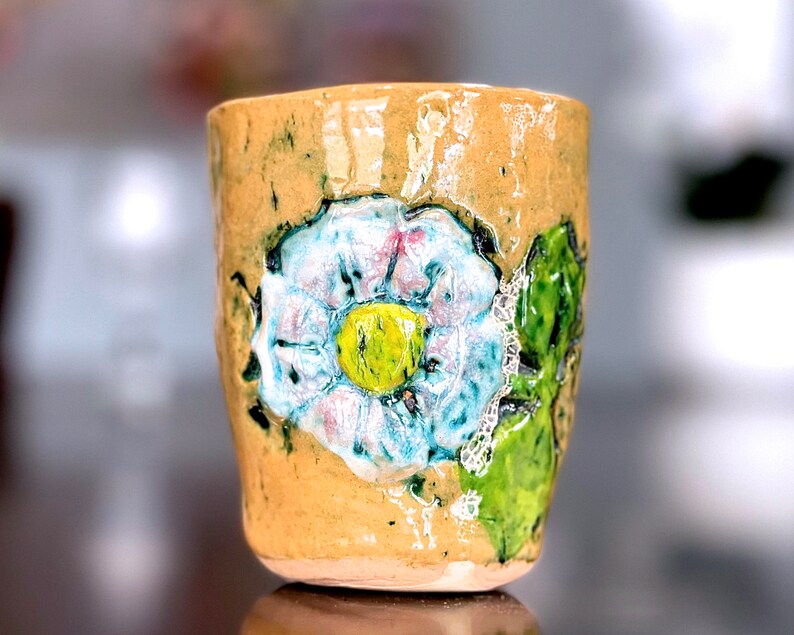 VINTAGE: Studio Pottery Blue Flower Cup Small Planter Ceramic Handcrafted image 2