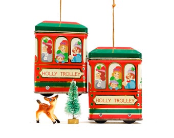 VINTAGE: 2pcs - Hallmark Holly Trolley Tin Ornament - Holiday - Christmas - SKU Tub-400-00017093