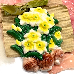 VINTAGE: 1970s Porcelain Flower - Wall Hanging Ornament Home Decor Wall Decor - Flower Bouquet Yellow Flowers Sunflowers Gift Idea