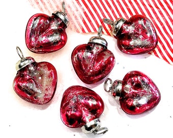 VINTAGE: 5pcs - Small Thick Mercury Glass Heart Ornaments - Heavyweight Kugel Style Ornaments - Unique Find - SKU