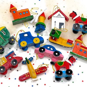 VINTAGE: 13pcs Mixed Wooden Ornaments Cars Trains Trucks Planes Horse Windmill House Holiday, Christmas Crafts image 2