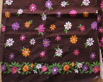 Vintage 1960's Floral Border Print Material - Colorful Retro Flower with Brown Background - Bohemian Hippie Flower Fabric Remnant