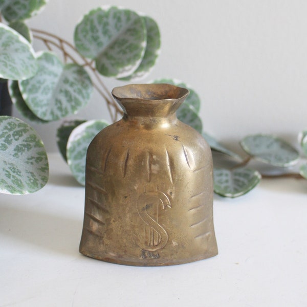 Vintage Brass Money Bag | Etched Dollar Sign Gold Decorative Good Luck Money Bag | Metal Bank Bag