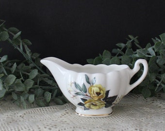 Vintage Porcelain Creamer Pitcher - Royal Dover White Creamer w/ Green & Yellow Flower Design - Floral Retro China Tea Coffee Creamer