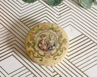 Lata de máquina de escribir antigua / Pequeña lata redonda victoriana de cerámica inglesa / Recipiente amarillo para polvos Lord & Lady