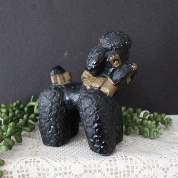 Vintage Black Poodle Figurine - Black Poodle Dog Knick Knack Decor w/ Gold Bow - Miniature Ceramic Dog Lover Cute Tchotchke Poodle Figure