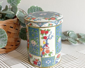 Vintage Floral Daher Tin | Colorful Bird and Flower Blue & Red Storage Container