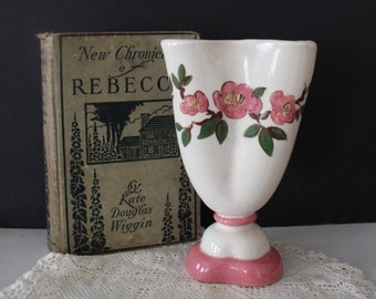 Vintage 1960 van keramische Floral Planter / vaas - roze bloemen met groene bladeren - sokkel basis vaas - Vintage Art vaas - golvende stijl Planter
