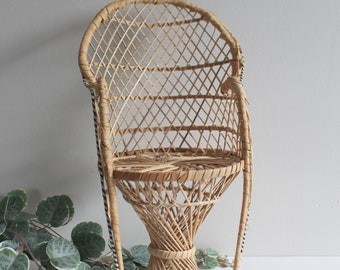 Vintage Wicker Peacock Chair | Doll Furniture | Boho Bohemian Plant Stand | Candle Votive Wicker Risere