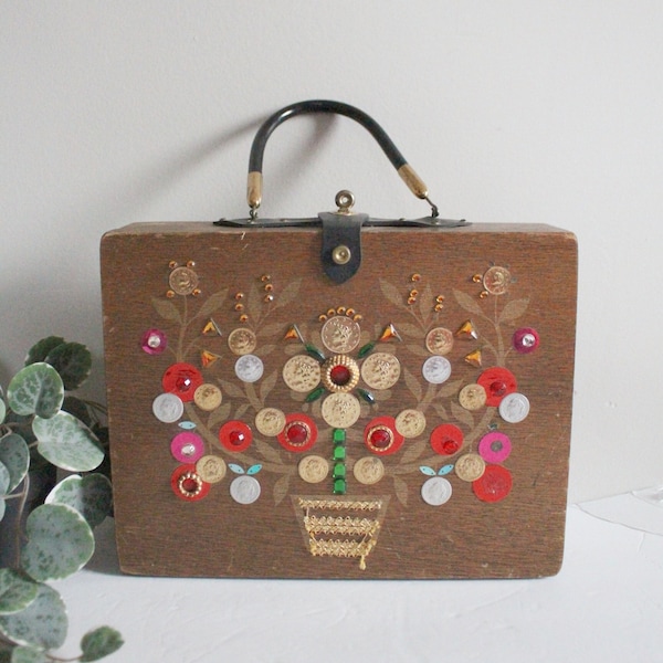 Vintage 1960s Wooden Jewelry Purse | Enid Collins Style Wood Box Hand Bag | Leather Handle and Twist Clasp | Colorful Bright and Gold Flower