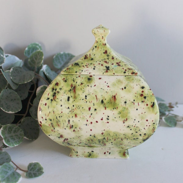 Vintage Lidded Dish | Ceramic Speckled Retro Candy Dish | Green Brown Red Splatter Funky Serving Bowl