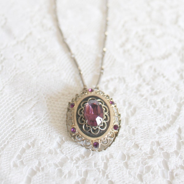 Vintage Purple Amethyst Necklace | Oval Gold and Purple Stone Costume Jewelry