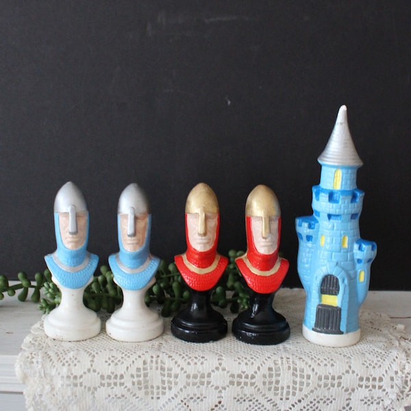 Vintage 1970s Ceramic Chess Pieces - Set of 5 - Colorful Hand Painted Large Playing Chess Game Board Pawns - Castle & 4 Knights - Red Blue