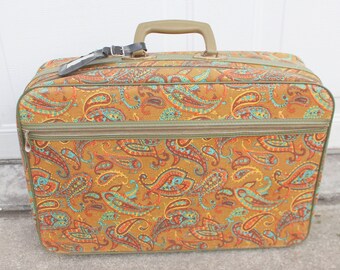 Vintage Suitcase | Retro Paisley Gold, Orange, and Green | Bantam Travelware Retro Travel Bag