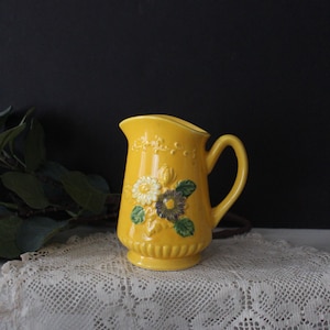 Vintage Small Ceramic Pitcher - Yellow Flower Bud Vase / Decorative Miniature Pitcher - White Gray Green Floral Retro Mid Mod Pitcher