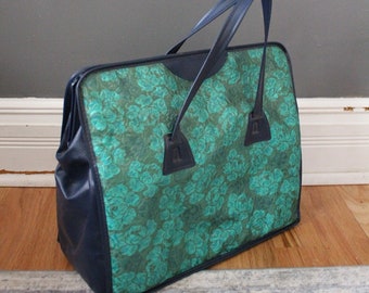 Vintage Weekend Suitcase - Tapestry Luggage - Mid Century Modern Turquoise Blue & Green Square Retro Paisley Floral Hand Bag - Small