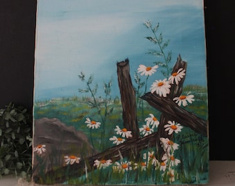Aceite vintage sobre pintura de lienzo - valla de madera con flores silvestres blancas - escena de paisaje de la naturaleza - obra de arte de decoración de la pared del país