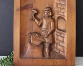 Vintage Carved Wood Plaque - Unique Blacksmith Wood Fire Hand Carved Wooden Art Work - Large 3D Antique Blacksmith Iron Worker