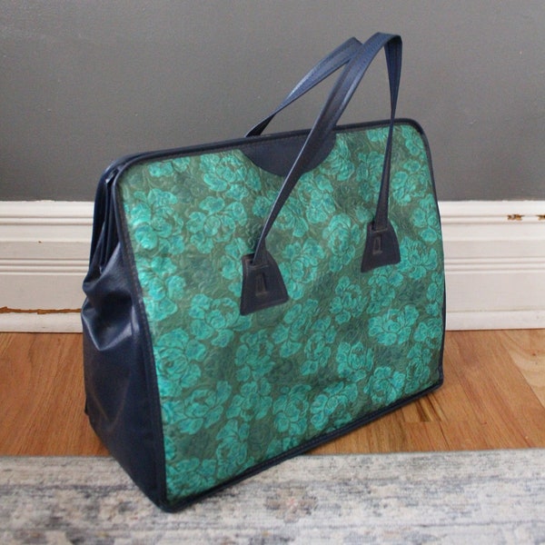 Vintage Weekend Suitcase - Tapestry Luggage - Mid Century Modern Turquoise Blue & Green Square Retro Paisley Floral Hand Bag - Small