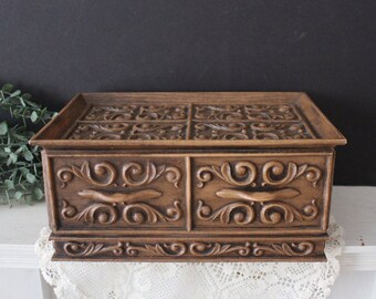 Vintage Lerner Jewelry Box - Brown Plastic "Wood" Ornate Embossed Jewelry Storage - Retro Vanity Container