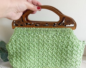 Vintage Knit Handbag | Flower Carved Wooden Handle | Green Slouch Ladies Purse