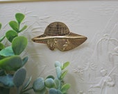 Vintage 1960 39 s Lady in Hat Pin Brooch - Mid Century Woman in Hat Gold Tone Metal Decorative Pin Sun Hat Strong Mysterious Female Accessory