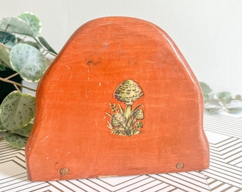 Vintage Napkin Holder | Wood Mushroom Napkin Holder | Transfer Retro Mushroom Design