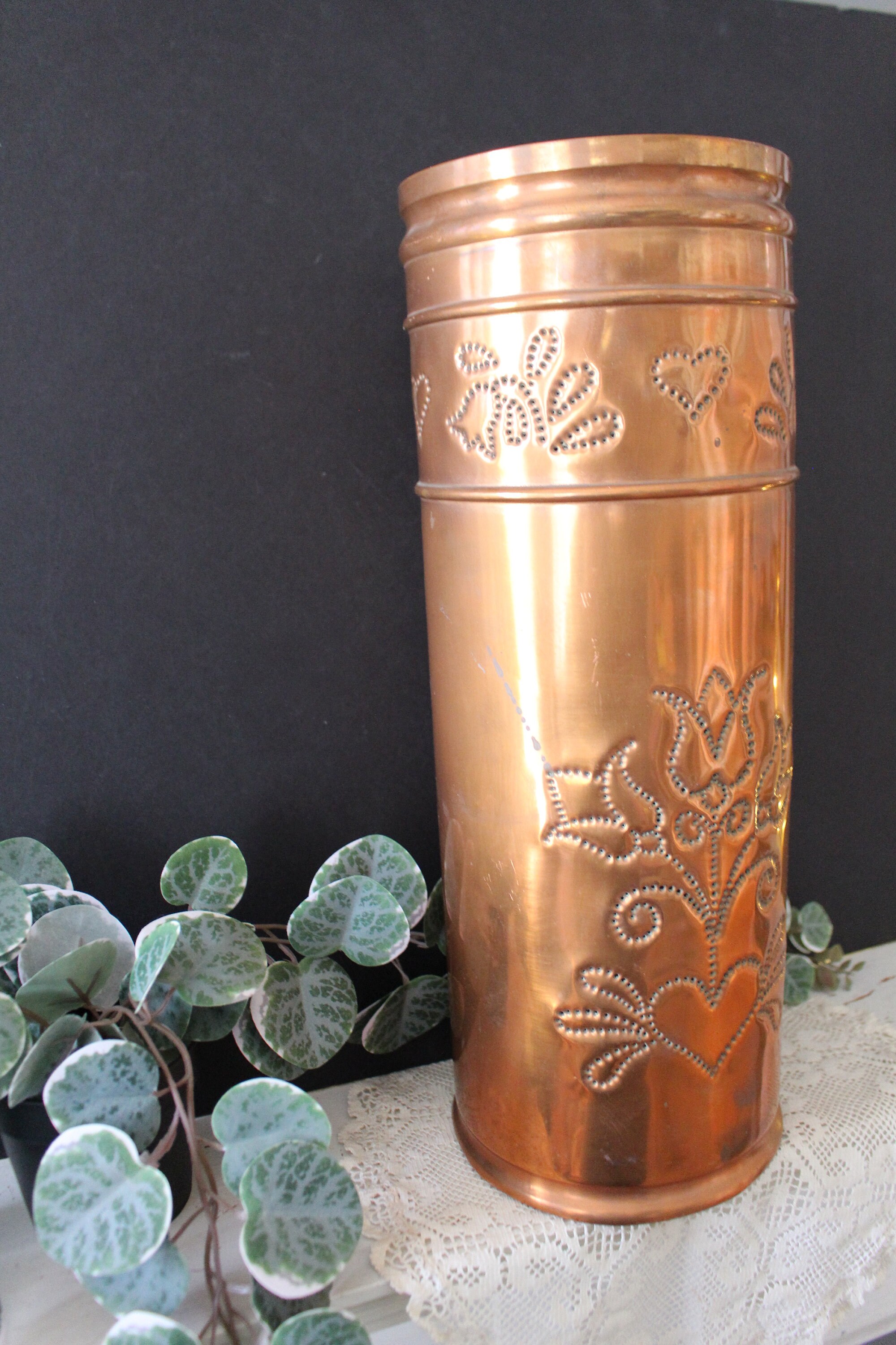 Vintage Copper Umbrella Holder Pierced Flower Round Metal Etsy