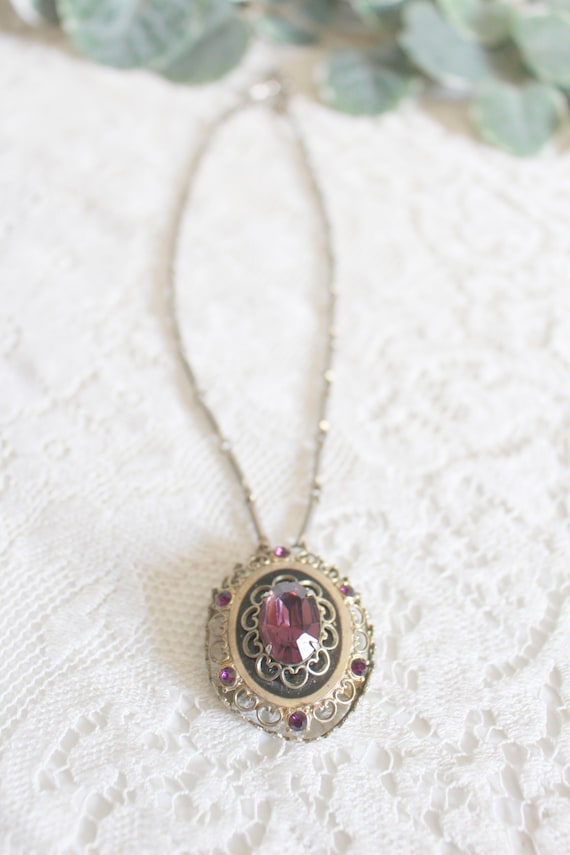 Vintage Purple Amethyst Necklace | Oval Gold and Purple Stone Costume Jewelry