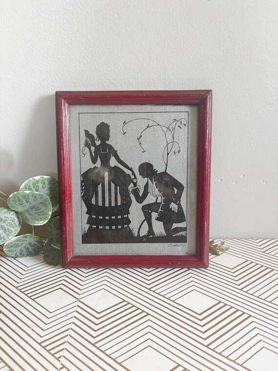 Vintage Reverse Black Tin Foil Silhouette Art | Framed Victorian Woman & Man Kissing Hand